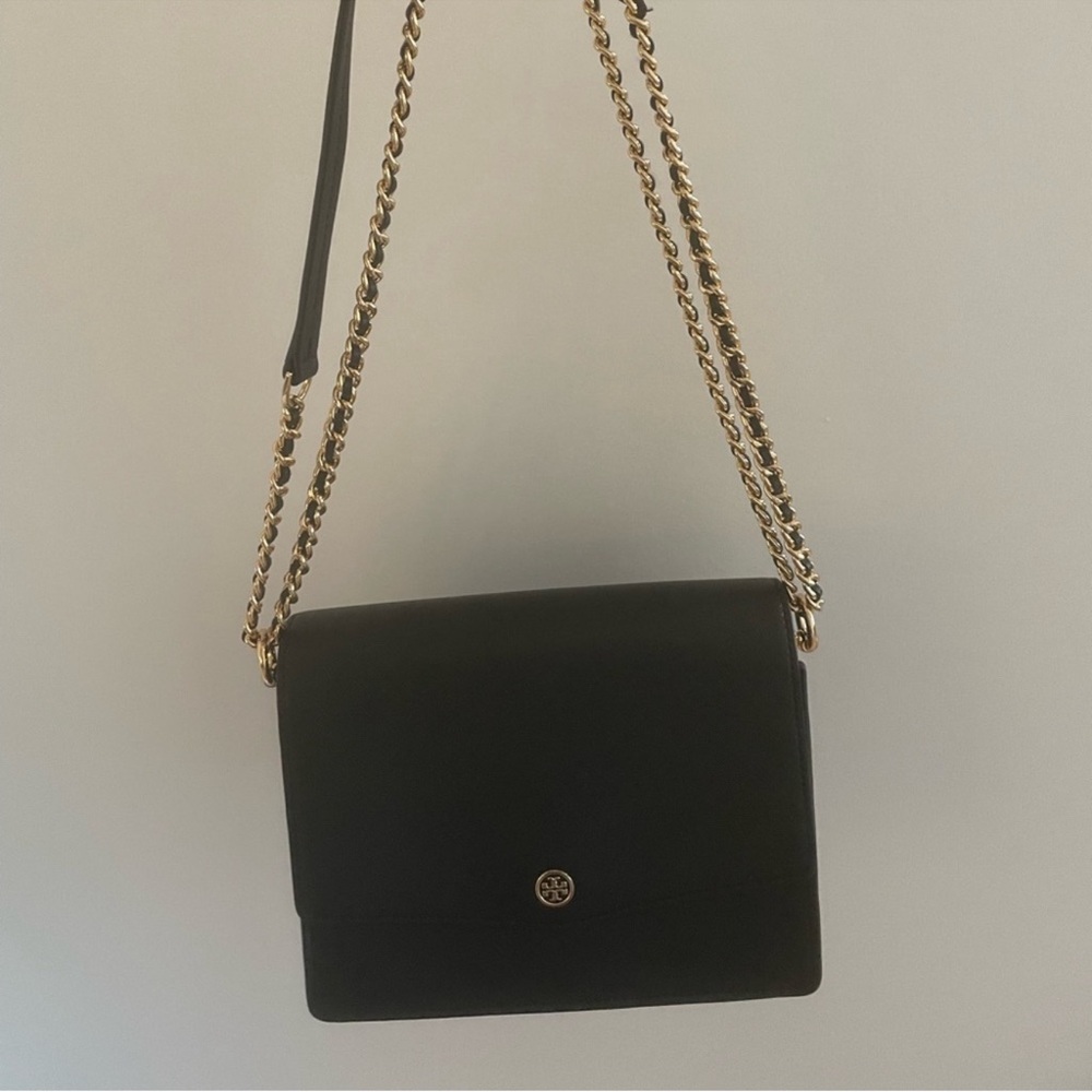 Tory Burch Emerson Flap Adjustable Shoulder Bag Black Leather Gold Chain - Picture 4 of 6